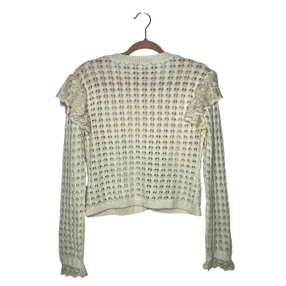 Zara Pointelle Open Knit With Ruffles Ivory Ecru Long Sleeve Button Up Sweater M - Picture 4 of 8